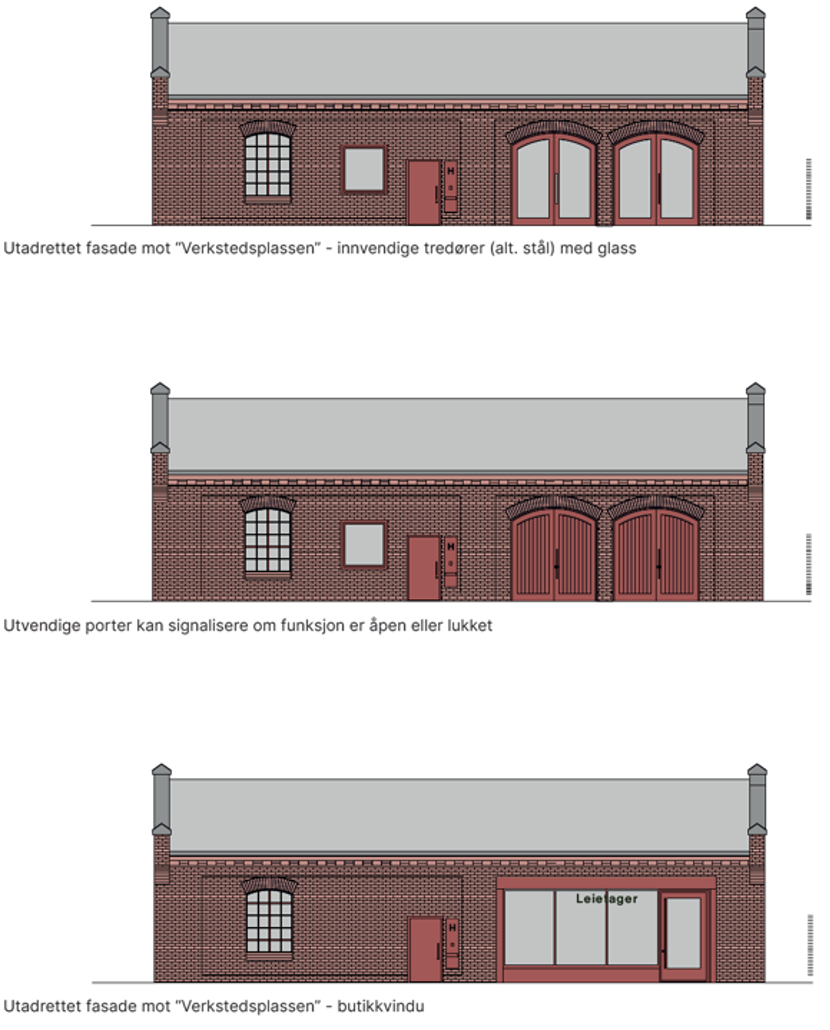 Tre ulike illustrasjoner på hvordan et bygg kan se ut utvendig