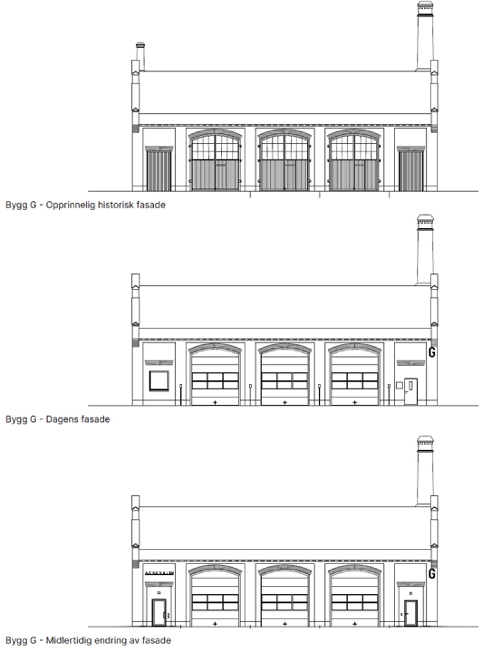 Skisser av tre fasader med ulike løsning når det gjelder åpninger.