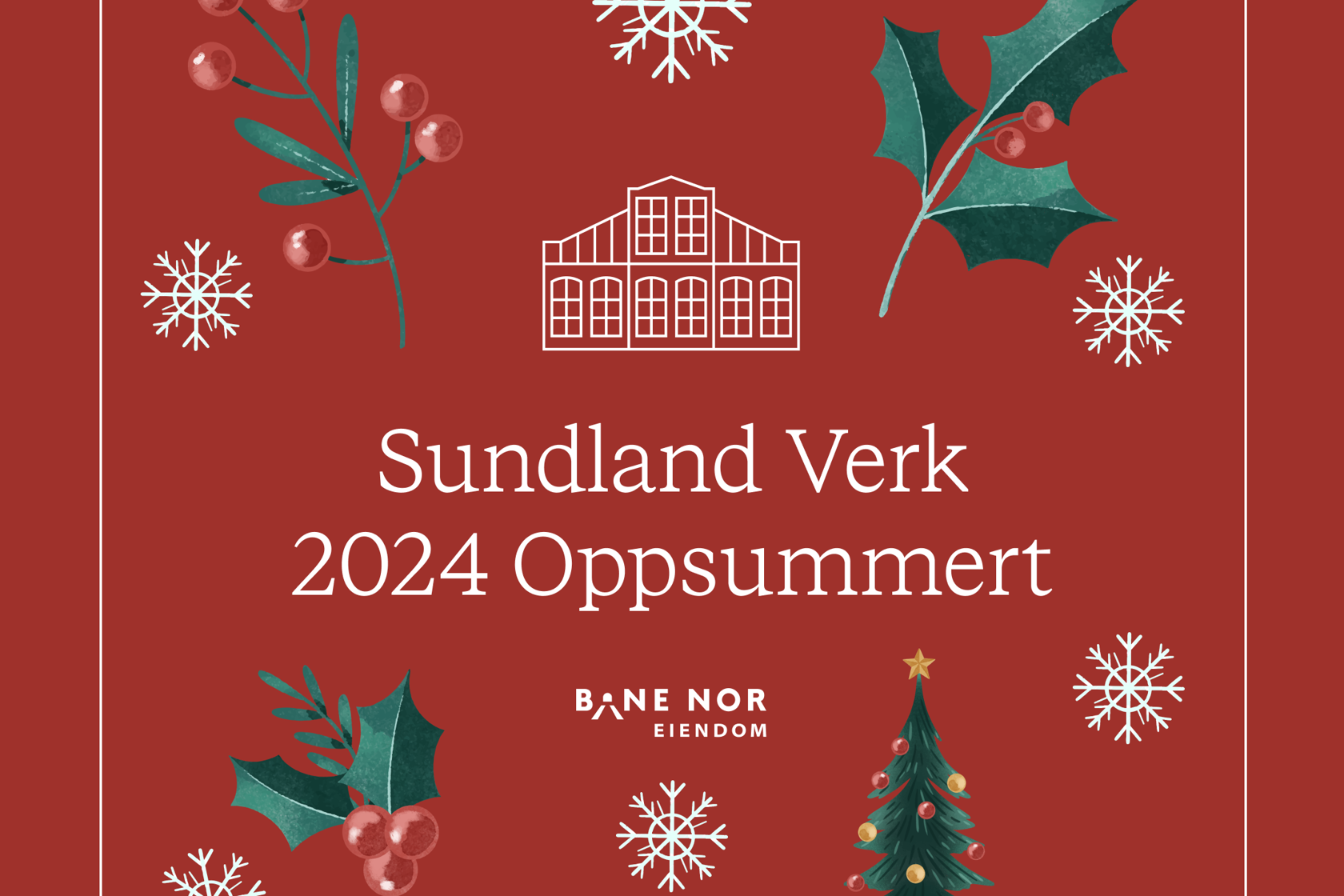 Rød bakgrunn med hvit tekst: "Sundland Verk 2024: Oppsummert