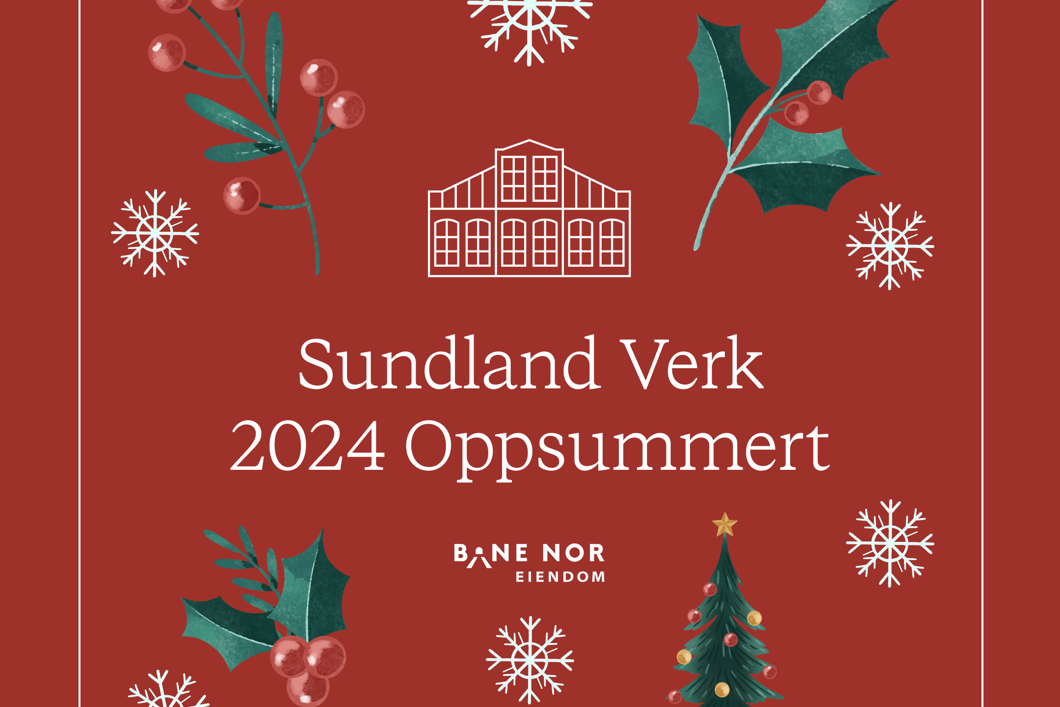 Rød bakgrunn med hvit tekst: "Sundland Verk 2024: Oppsummert