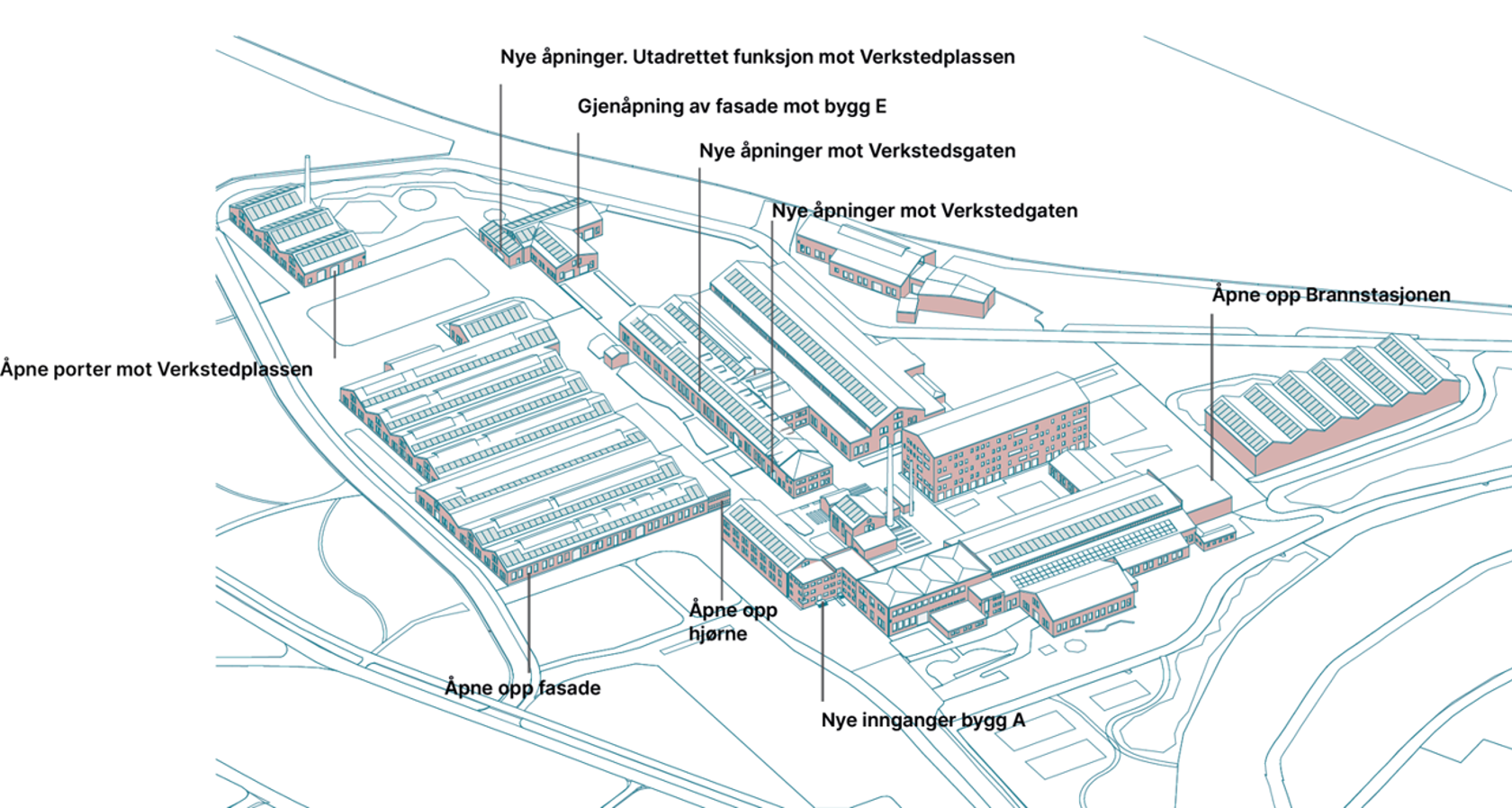 Kart over Sundland Verk som viser hvor det vil bli nye åpninger tilpasset dagens bruk.